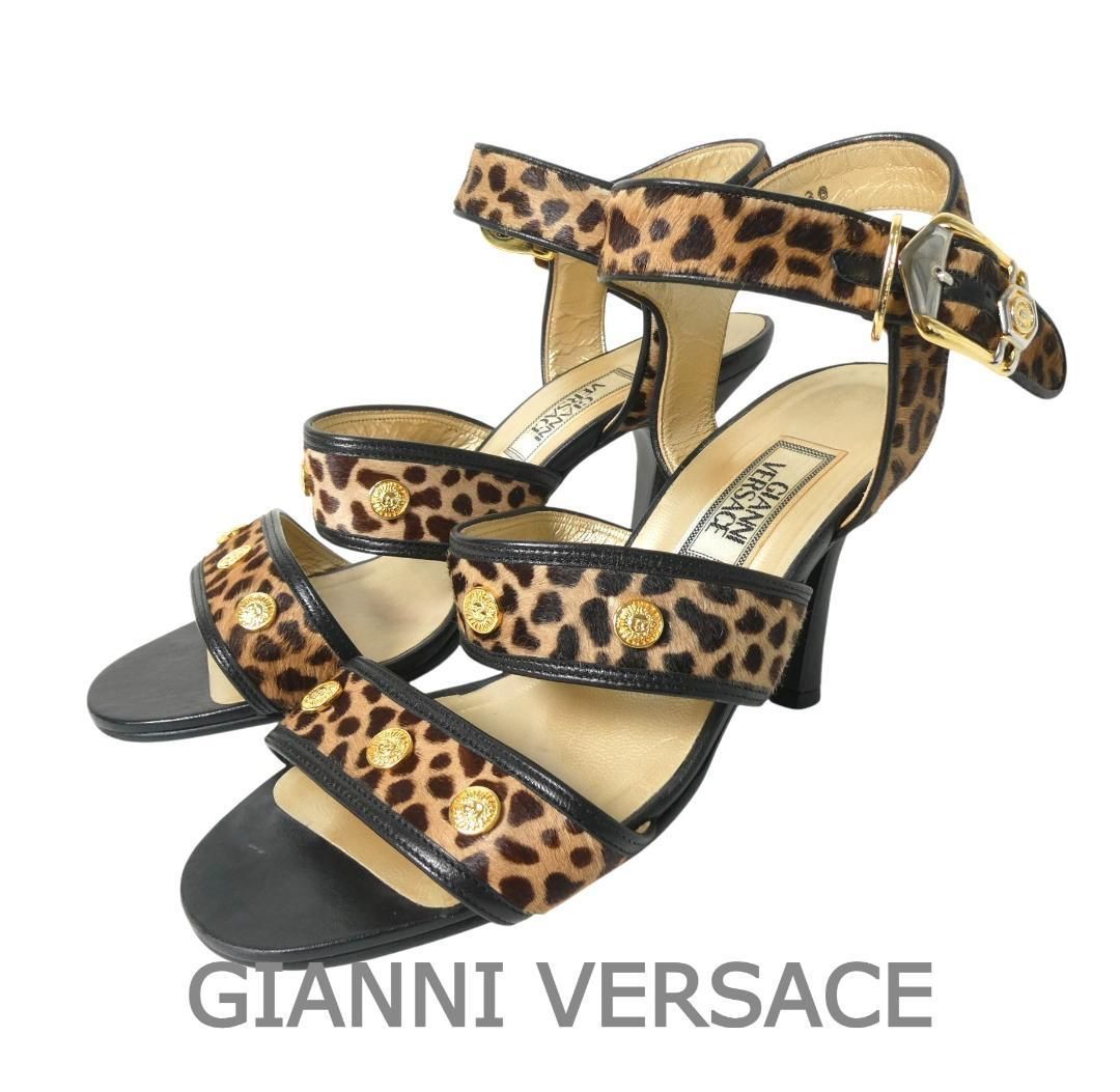 GIANNI VERSACE ジャンニヴェルサーチ サイズ36 約23㎝ ヒョウ柄 レオパード柄 ハラコ 太陽 アンクルストラップ オープントゥ ピンヒール サンダル 茶 ブラウン レディース