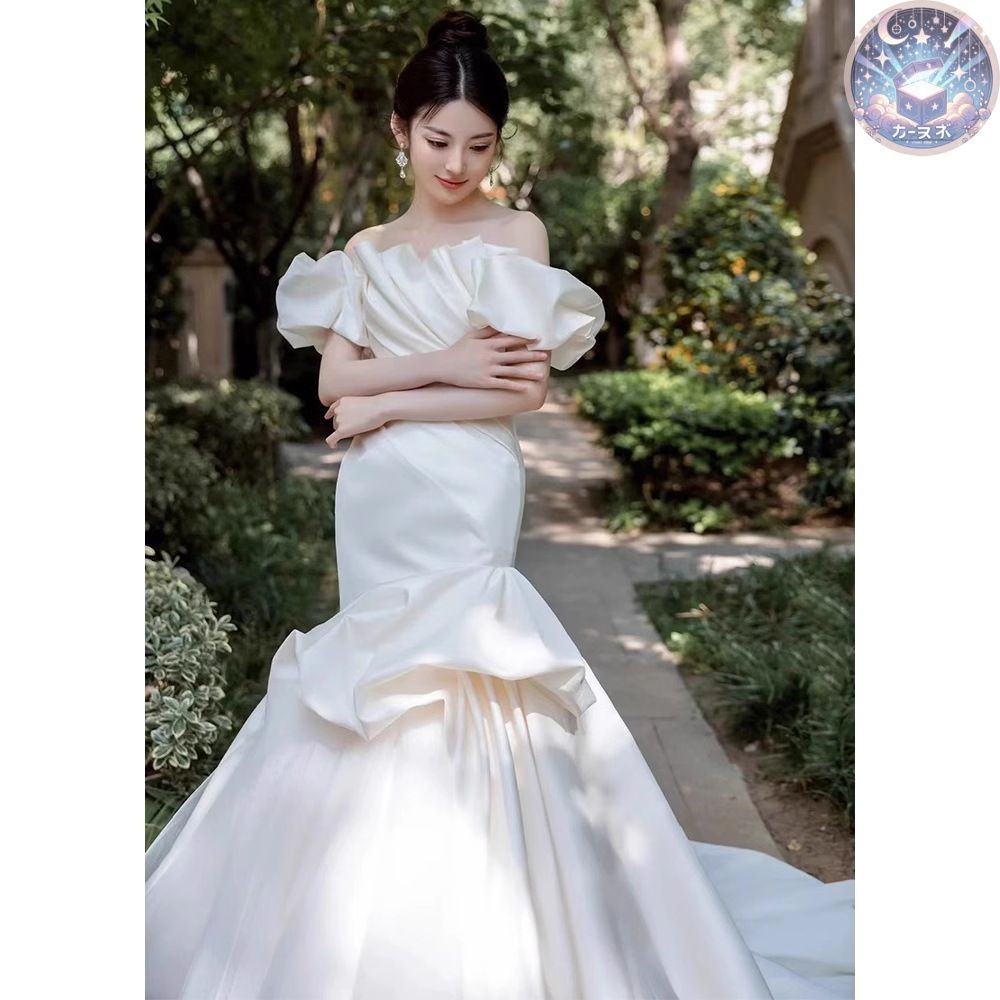 ♥ ウェディングドレス 花嫁 光沢サテン フィッシュテール 軽やか ストレートネックライン フレンチ軽奢 ストラップレス 前撮り シフォン素材 ウェディングドレス 