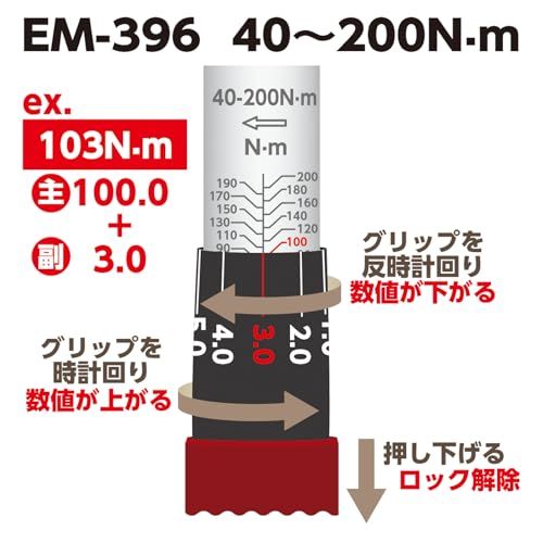  エマーソン Emerson トルク調整が簡単らくらくなトルクレンチ ロックリング式 差込角 12.7 mm 1|2インチ 40-200 N.m 高精度±3% ギア 検査証明書付き 自動車 バイク タイヤ交換 整備 修理工具 作業工具 EM-396 トルクレンチ スパナ レンチ