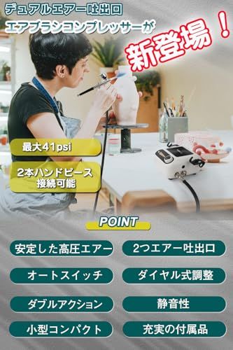 エアブラシ ミニコンプレッサー セット 41 PSI 2つエアー吐出口 2本ハンドピース同時接続可 オートスイッチ搭載 口径0.3 mm 小型 軽量 塗装 スプレー ホビー プラモデル 模型