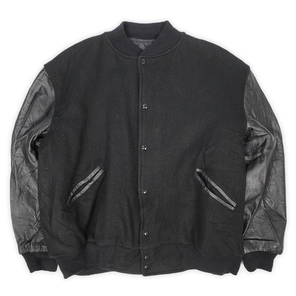 バトウィン BUTWIN 90 s 90年代 レザー切り替え スタジャン MADE IN USA アメリカ製 ヴィンテージ オールブラック 無地 古着 スタジアムジャンパー ジャケット ブラック 黒 XL相当