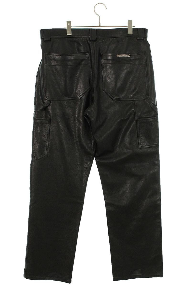 クロムハーツ サイズ:29インチ  LTHR PANTS レザーパンツ クロスボールボタンフレアニーレザーロングパンツ 中古 SJ02 クロムハーツ CARPENTER LTHR クロスボールボタンフレアニー