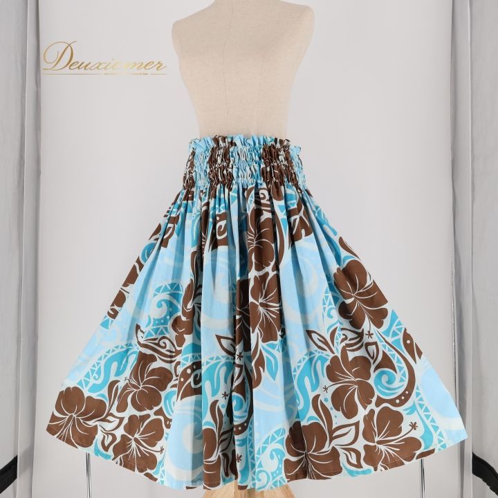 フラダンス 衣装 パウスカート ブルー系 ブラウン系 ハイビスカス柄