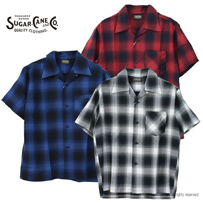 シュガーケーン SUGAR CANE レーヨンオンブレーチェックオープンシャツ SC 39297 メンズ 日本製 半袖