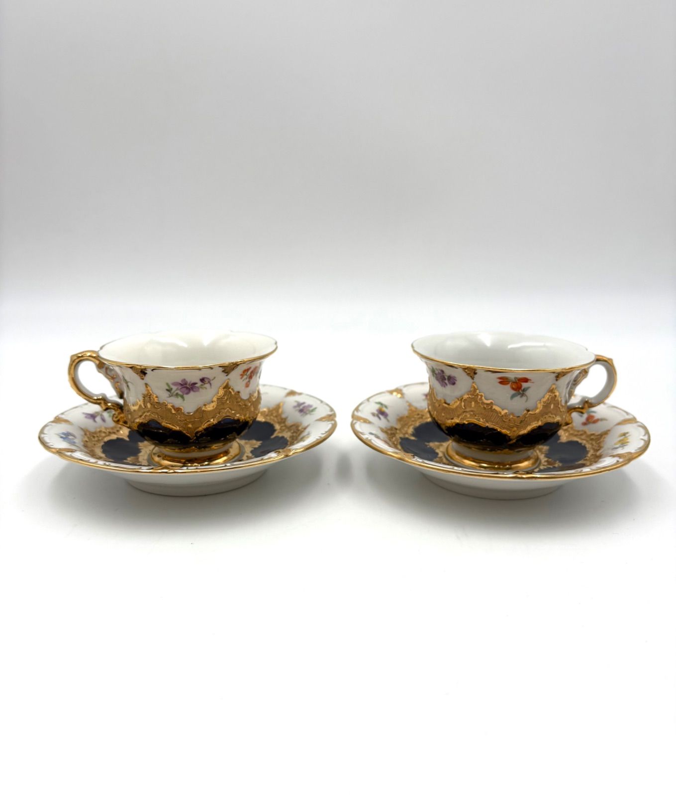 Meissen マイセン Bフォーム 宮廷の小花 コバルト モカカップ＆ソーサー 2客セット ペア
