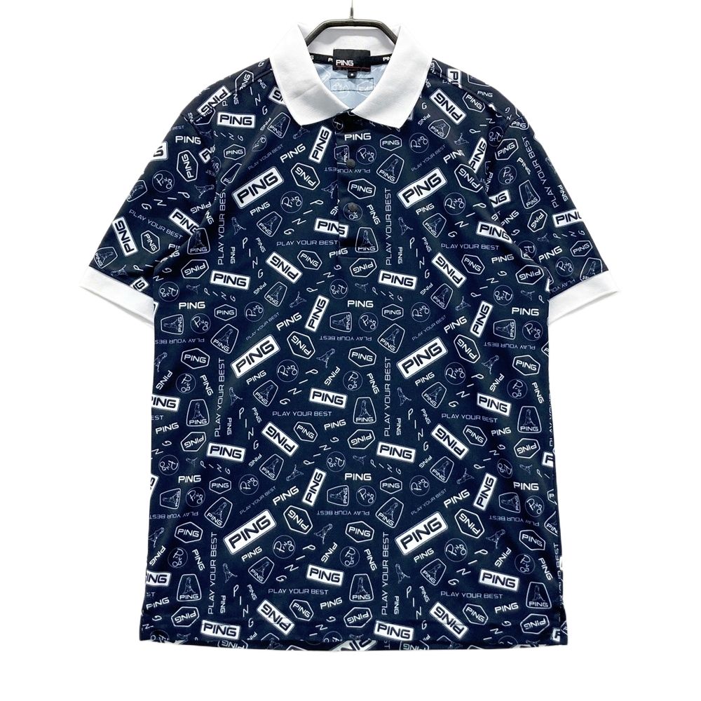サイズ S PING ピン モデル 半袖ポロシャツ 総柄 ネイビー系 ゴルフウェア メンズ ストスト