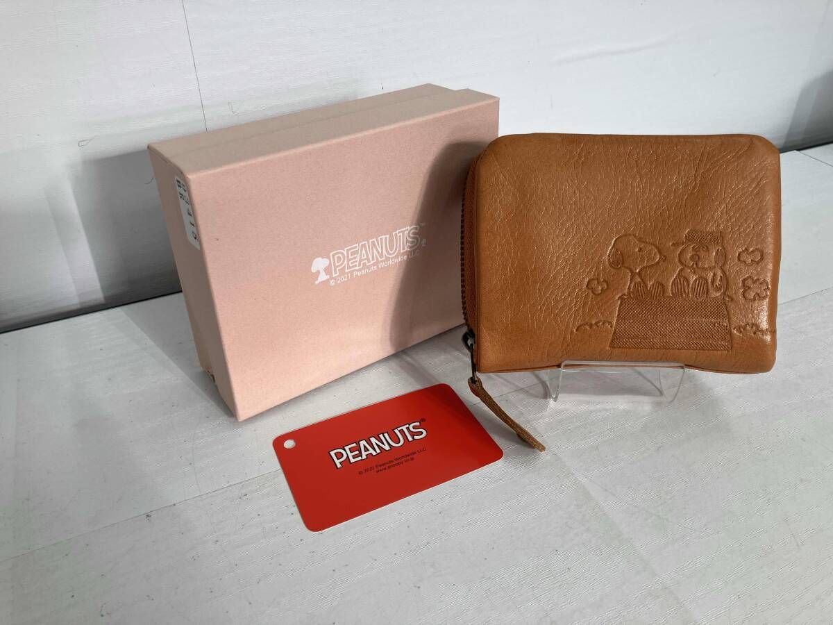 PEANUTS Snoopy ピーナッツ スヌーピー 二つ折り財布 小銭入れ有り レザー ブラウン 箱有り