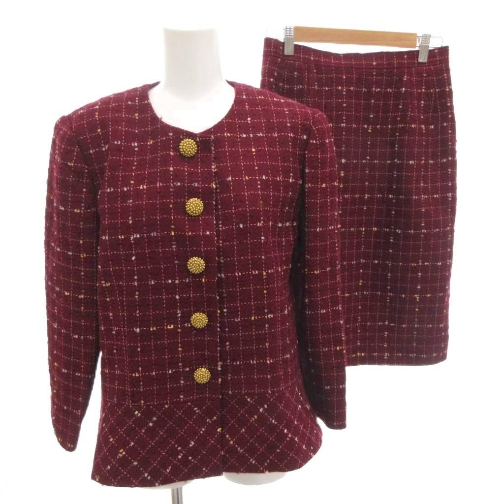ニナリッチ NINA RICCI スカートスーツ セットアップ ツイードジャケット ウール 金ボタン 11 赤 レッド チェック柄 ノーカラー FF GY 14