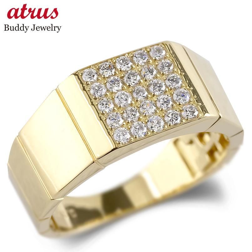 18金 印台 リング メンズ ダイヤモンド 15号 幅広 太め シグネットリング イエローゴールドK 18 ゴールド k 指輪 ピンキーリング メンズジュエリーシンプル