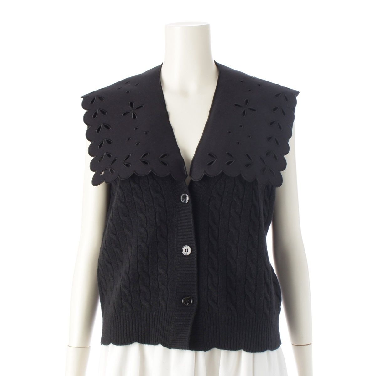 パトゥ 22 AW ウール 付け襟 ラッフルカラー 2 WAY ケーブルニット ベスト トップス A KN 106 ブラック S