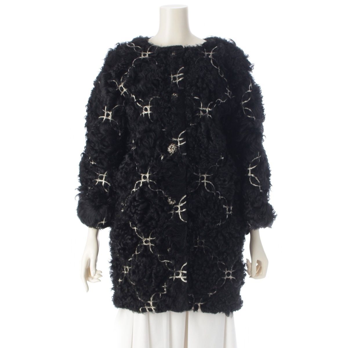 シャネル ムートン ココボタン ノーカラージャケット マトラッセ シアリング コート ブラック 36