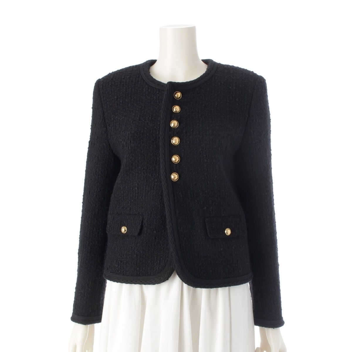 【中古】セリーヌ CELINE 24AW Verneuil Jacket ベルヌイユ ジャケット ノーカラー ウール 38 黒 アイボリー ブラック セリーヌ 24AW ウール ツイード 金ボタン ロゴ ノーカラージャケット