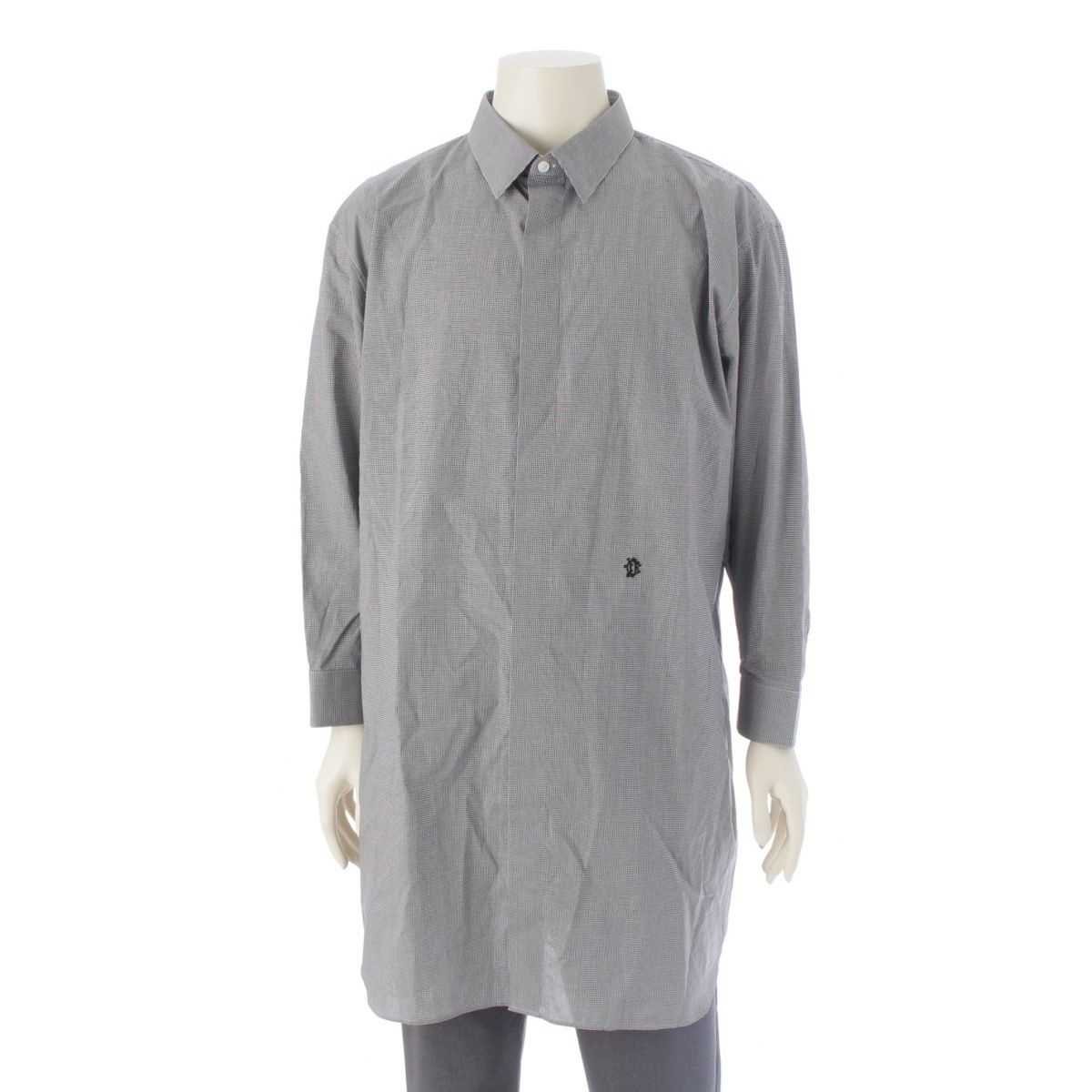 ディオール コットン CDロゴ刺繍 チェック ロング 長袖シャツ グレー