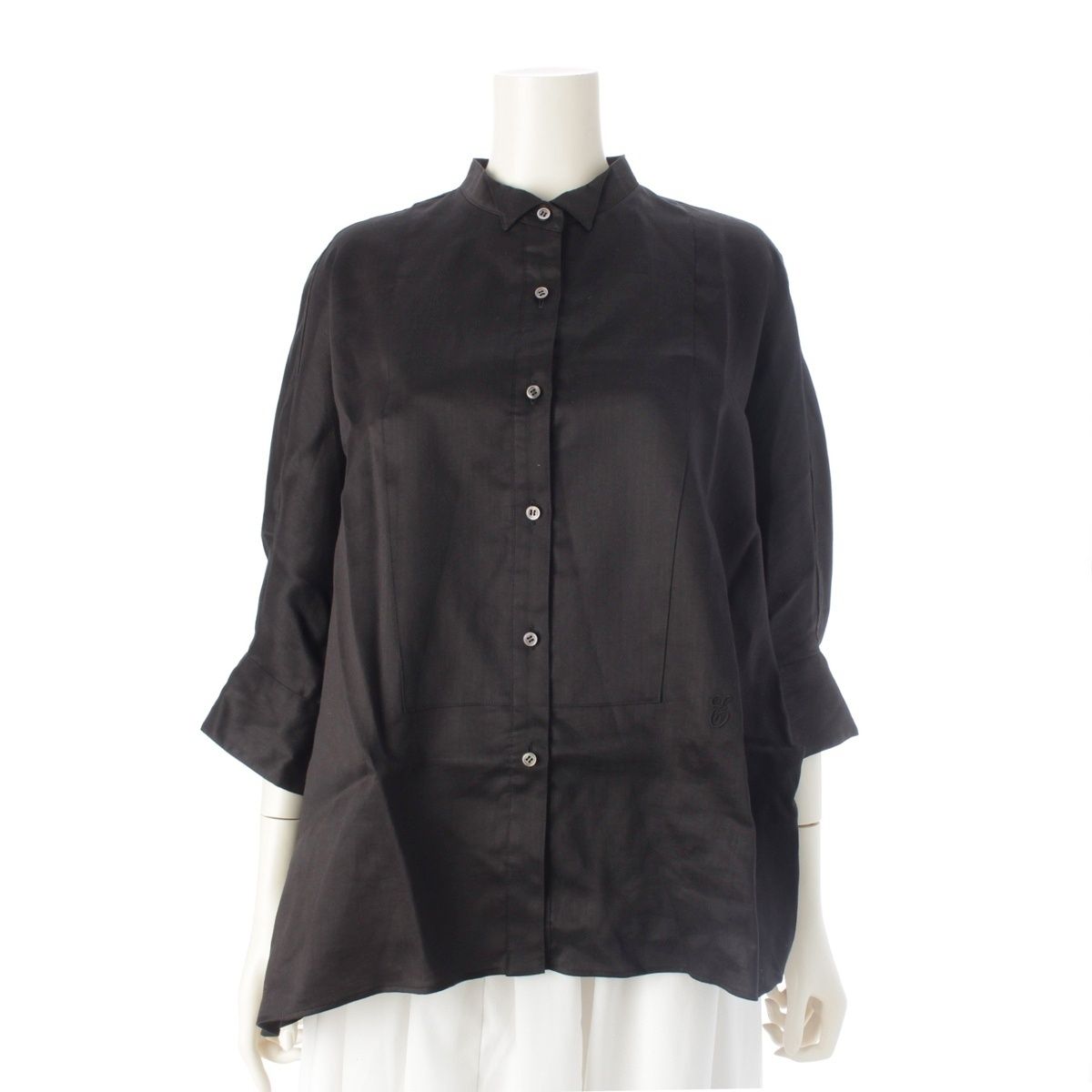 リネン ロゴ刺繍 ラミーサテン ブラウス ブラック 38