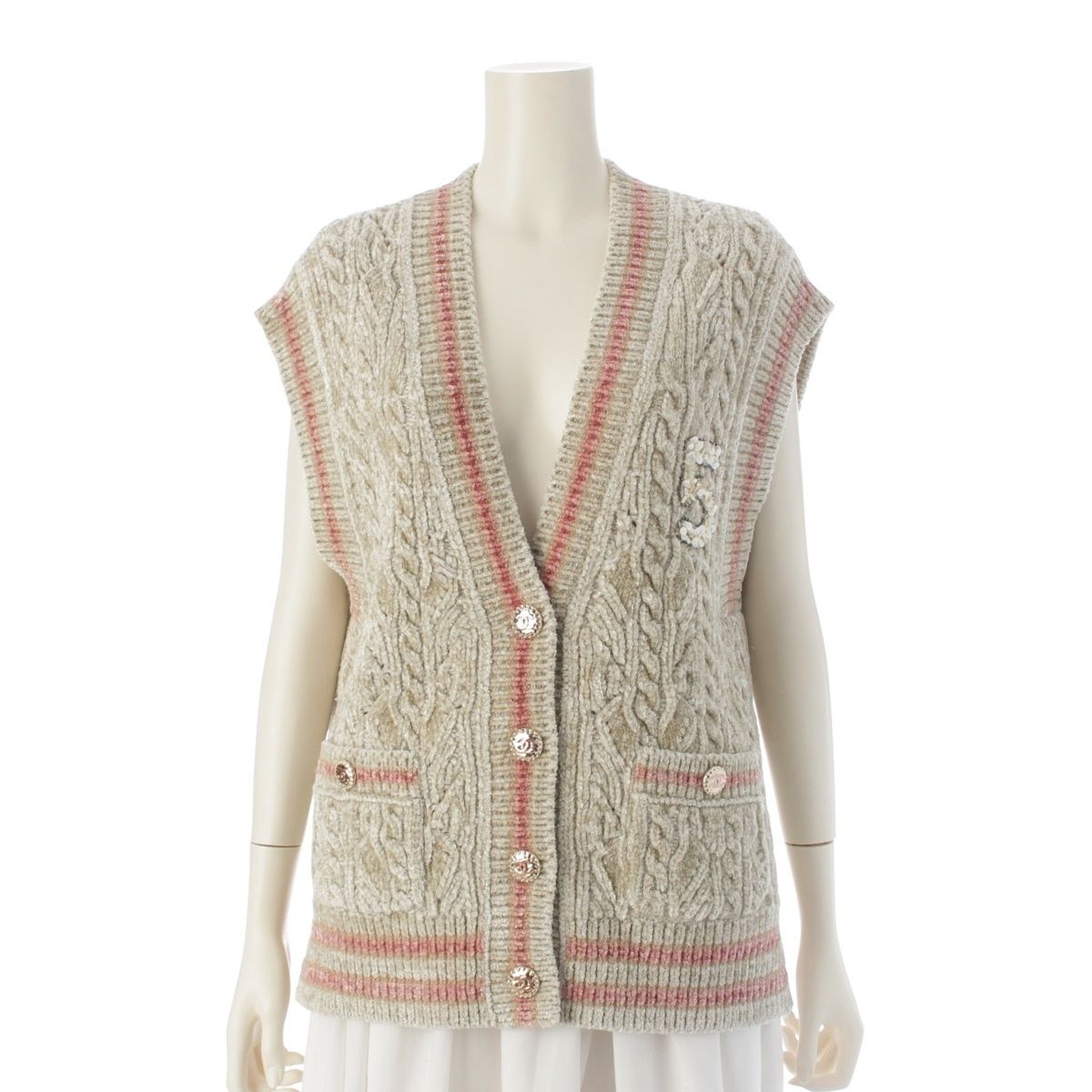 シャネル 22 AW カシミヤ混 ミックスファイバー ココボタン ニット ベスト P 73530 ベージュ 38