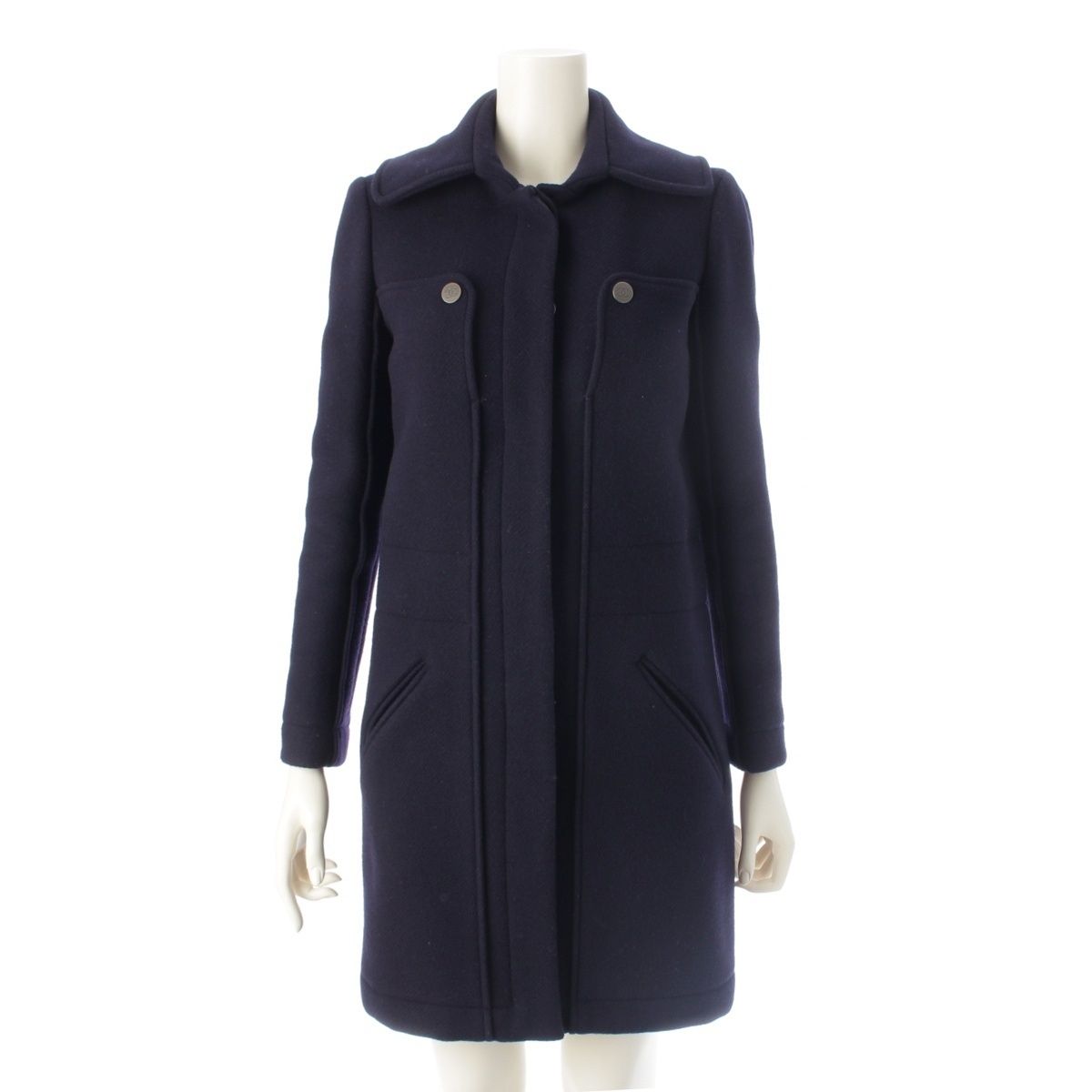 シャネル ウール アンゴラ ココマーク ロング ステンカラーコート P 42157 ネイビー 34