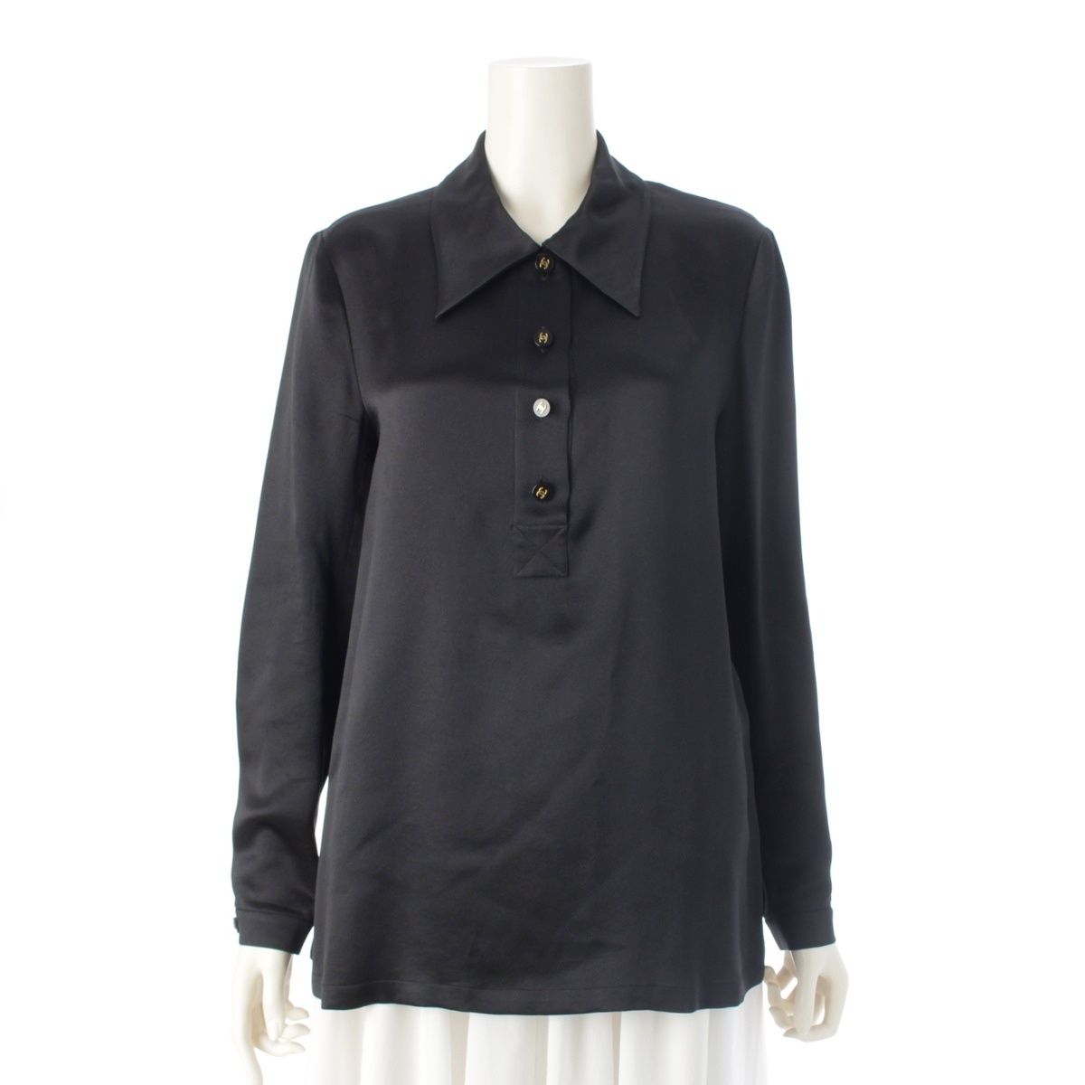 シャネル 94 A シルク ヴィンテージ ココマーク ポロ 長袖シャツ P 03470 ブラック 38