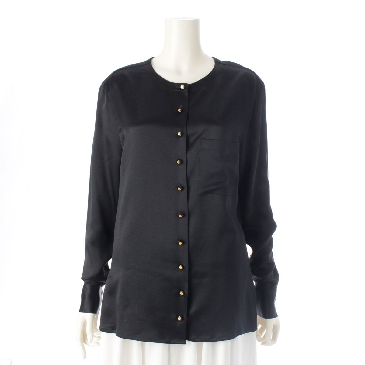シャネル シルク ヴィンテージ クローバーボタン クルーネック 長袖シャツ P 05361 ブラック 36