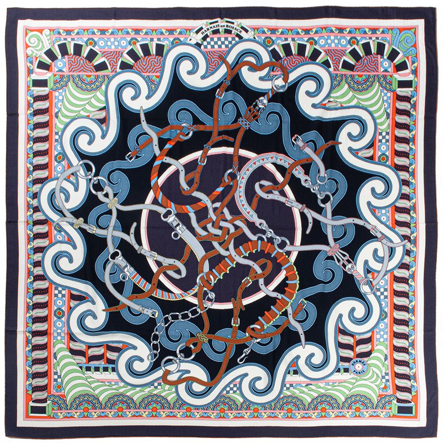 HERMES エルメス カレジェアン Harnais en Rosace ハーネスの薔薇窓 243853 S 09 スカーフ カレ140 カシシル ストール ショール ブルー マルチカラー