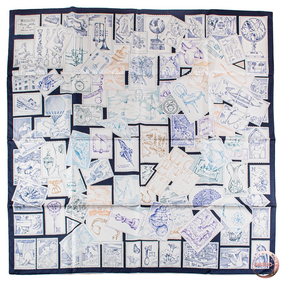 HERMES エルメス カレ90 Le Philateliste du Faubourg フォーブルの切手愛好家 004205 S 12 スカーフ 2025 SS ネイビー ホワイト