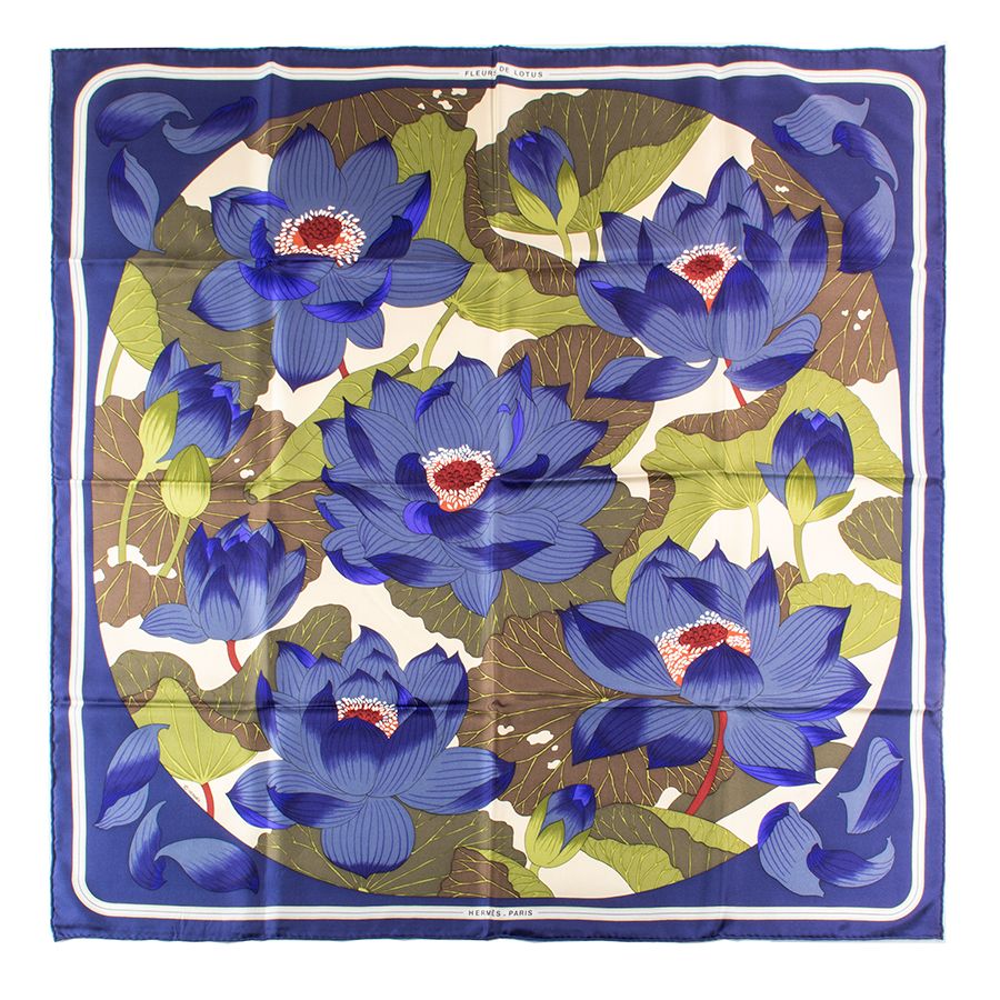 HERMES エルメス カレ90 Fleurs de Lotus 蓮の花 スカーフ ネイビー マルチカラー