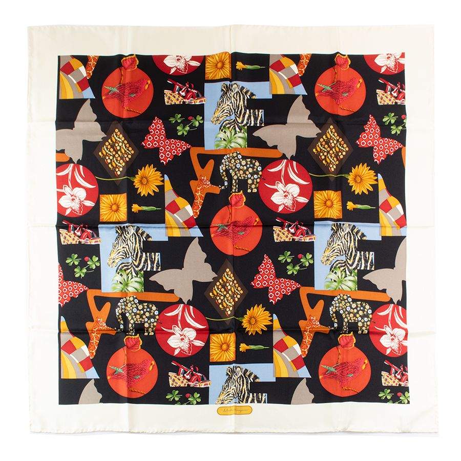 Salvatore Ferragamo サルヴァトーレフェラガモ シルク スカーフ 花 蝶 鳥 動物 カレ ブラック マルチカラー