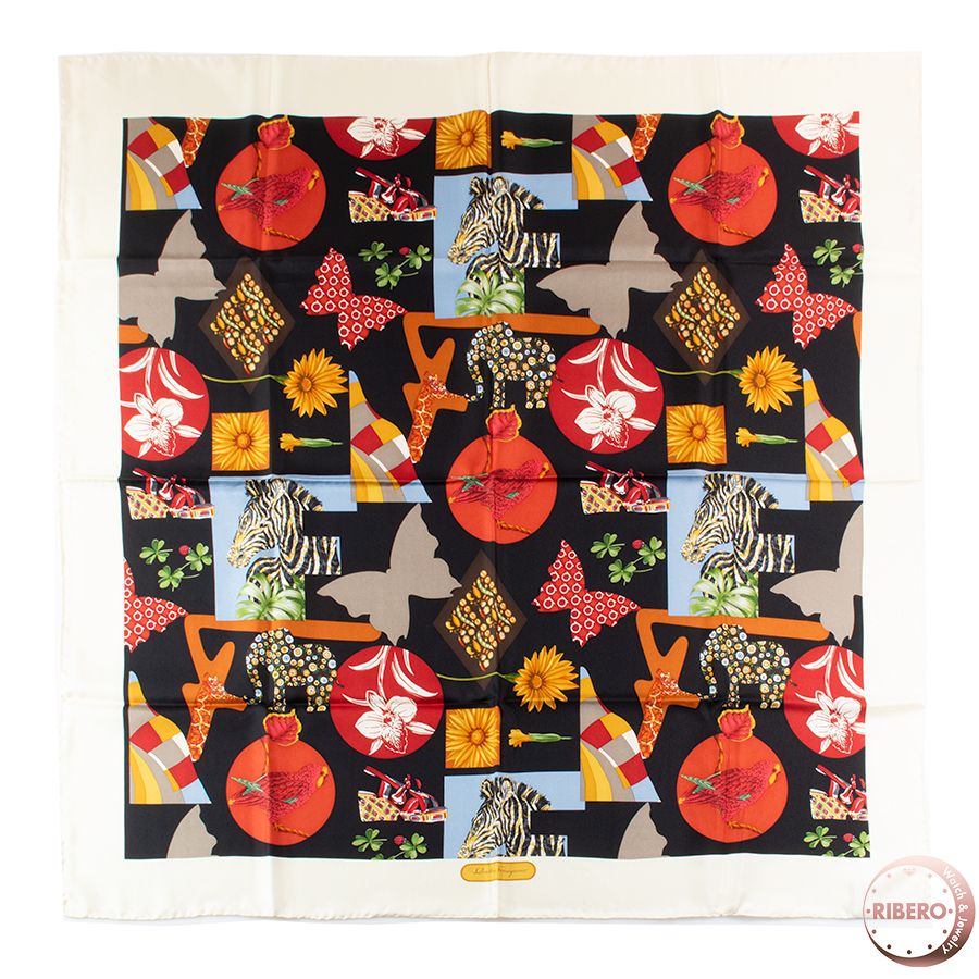 Salvatore Ferragamo サルヴァトーレフェラガモ シルク スカーフ 花 蝶 鳥 動物 カレ ブラック マルチカラー