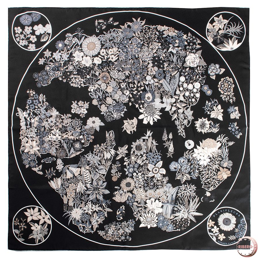 HERMES エルメス カレ90 Planifleurs プラニフルール 003965 S 13 スカーフ 2025 AW ブラック グレー