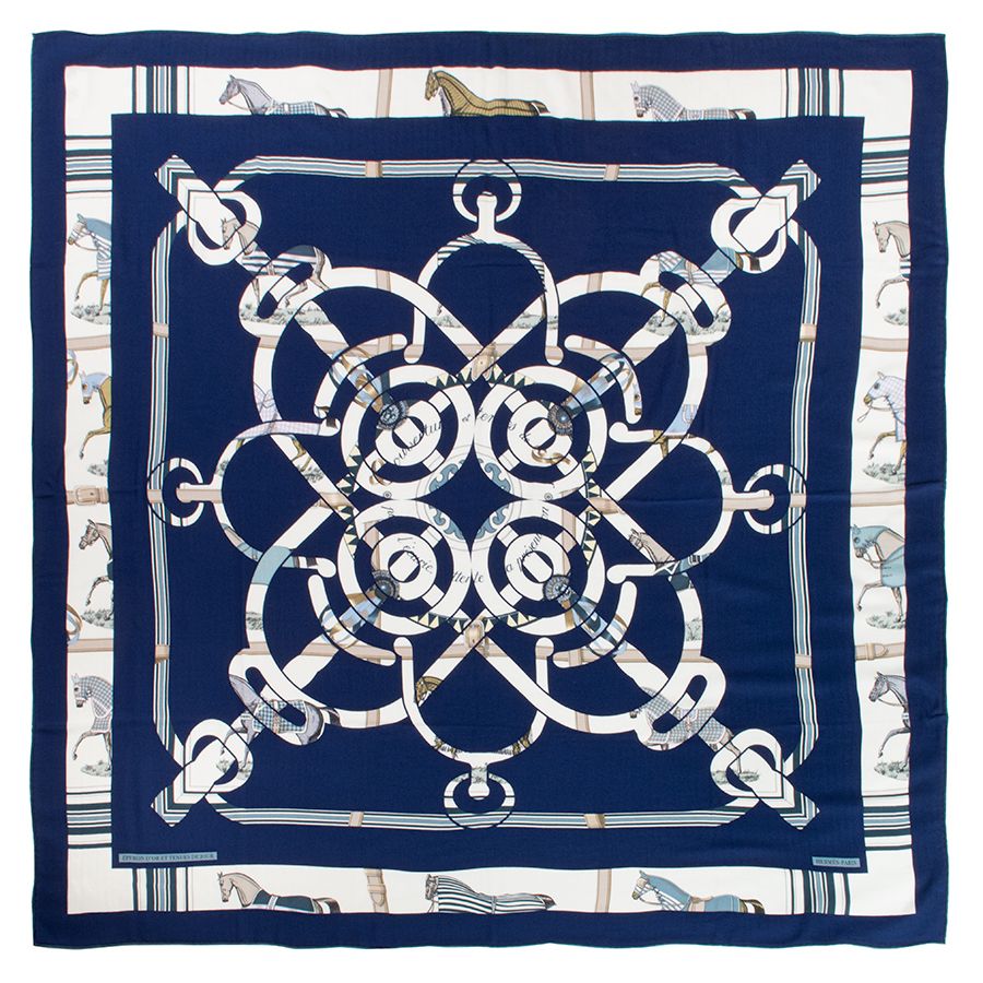 HERMES エルメス カレジェアン Eperon d Or et Tenues de Jour エプロンドール 馬着 244216 S 09 スカーフ カレ140 ショール ストール 2025 SS ネイビー ホワイト