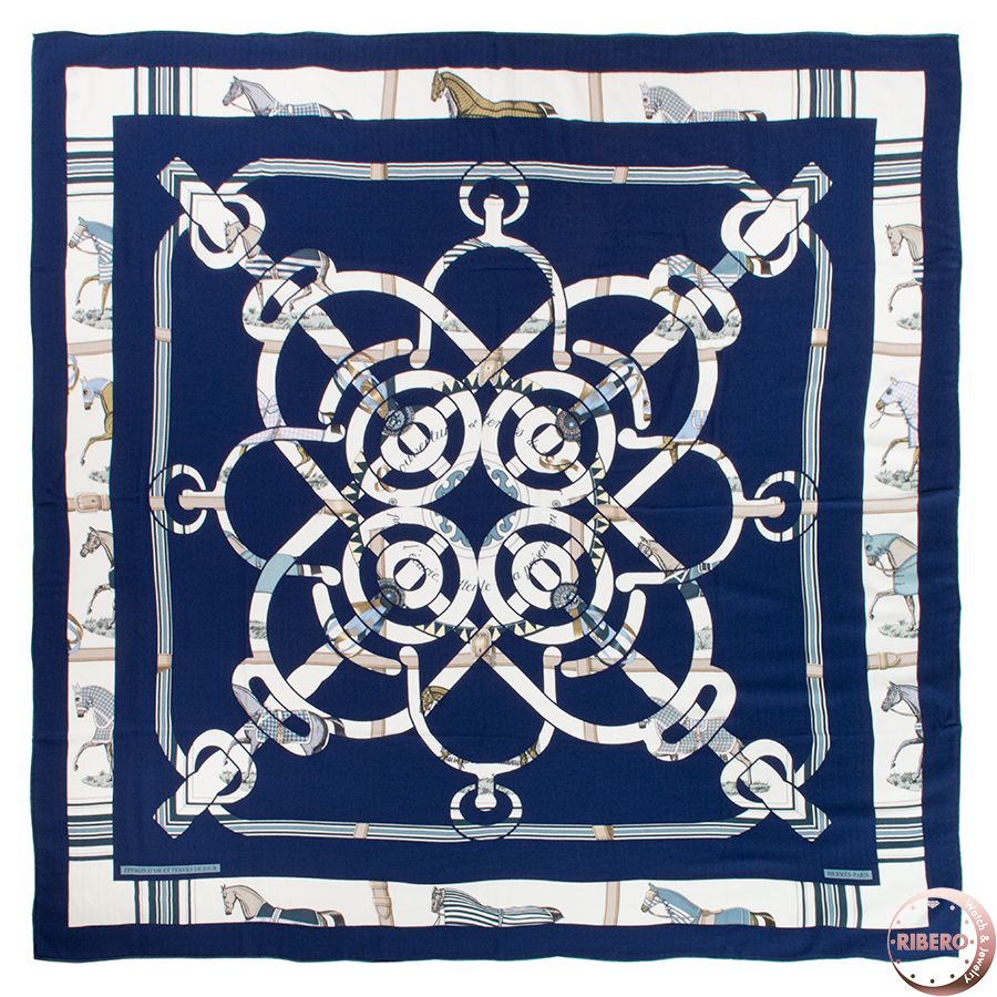 HERMES エルメス カレジェアン Eperon d Or et Tenues de Jour エプロンドール 馬着 244216 S 09 スカーフ カレ140 ショール ストール 2025 SS ネイビー ホワイト