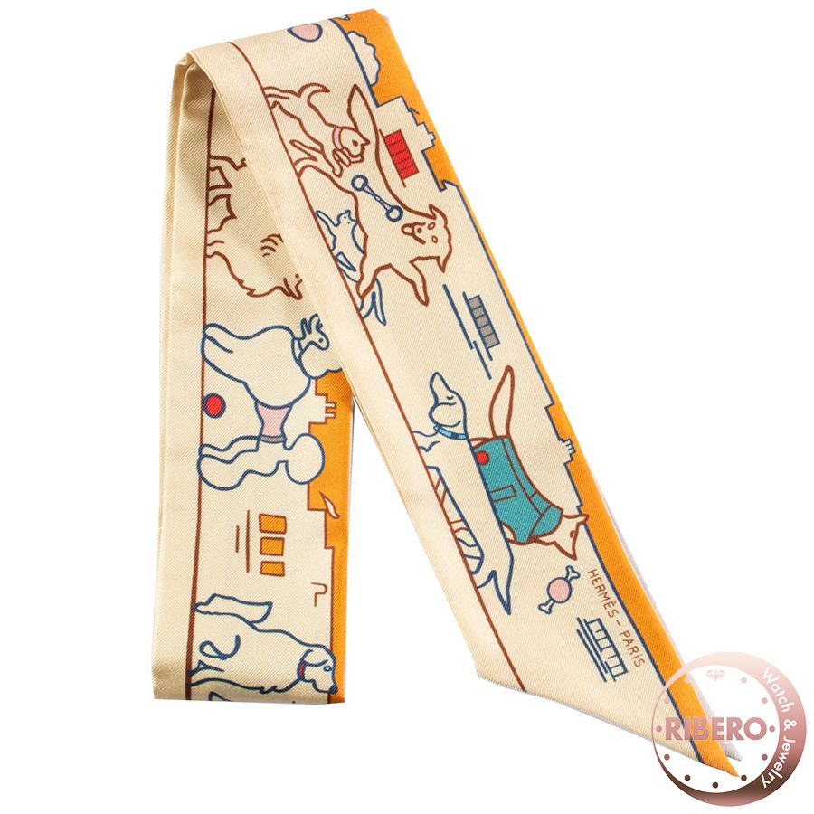 HERMES エルメス Les Chiens Parisiens パリジャンの犬 064116 S 09 ツイリー スカーフ イエロー オレンジ