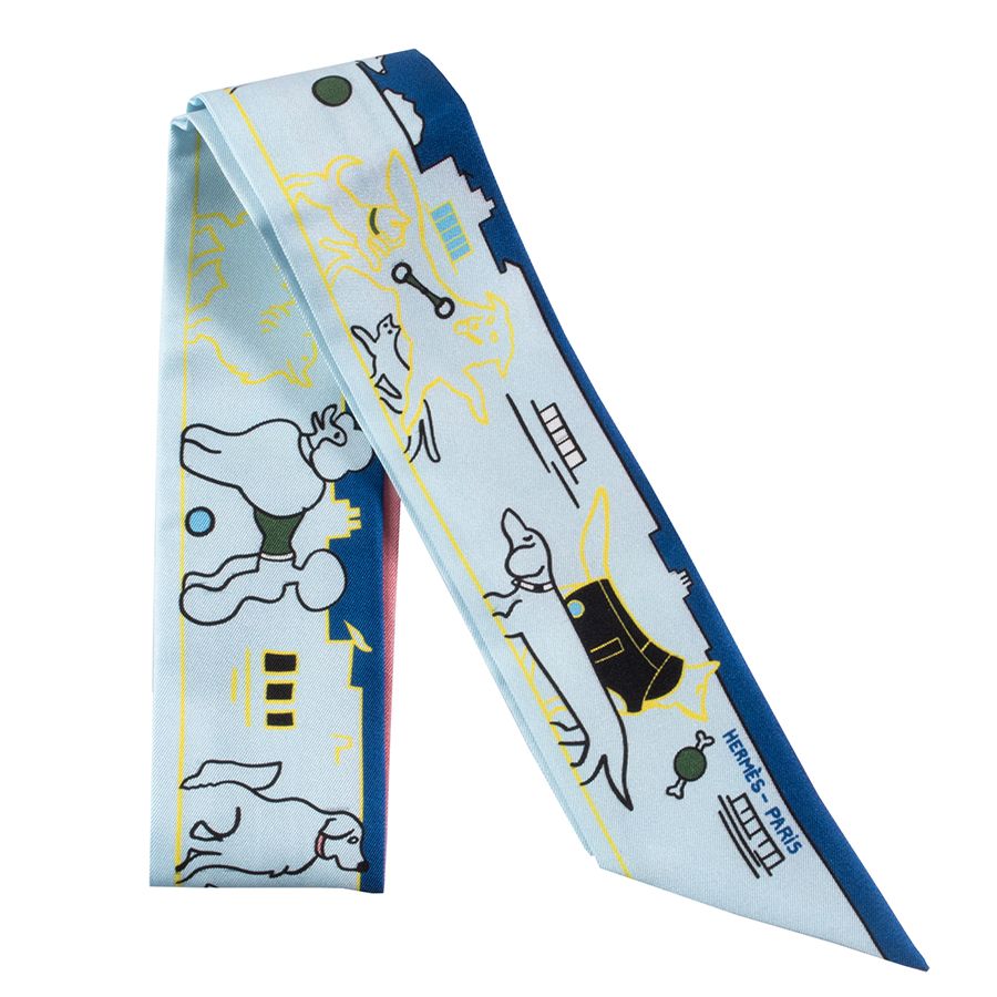 HERMES エルメス Les Chiens Parisiens パリジャンの犬 064116 S 05 ツイリー スカーフ 2025 SS ブルー イエロー