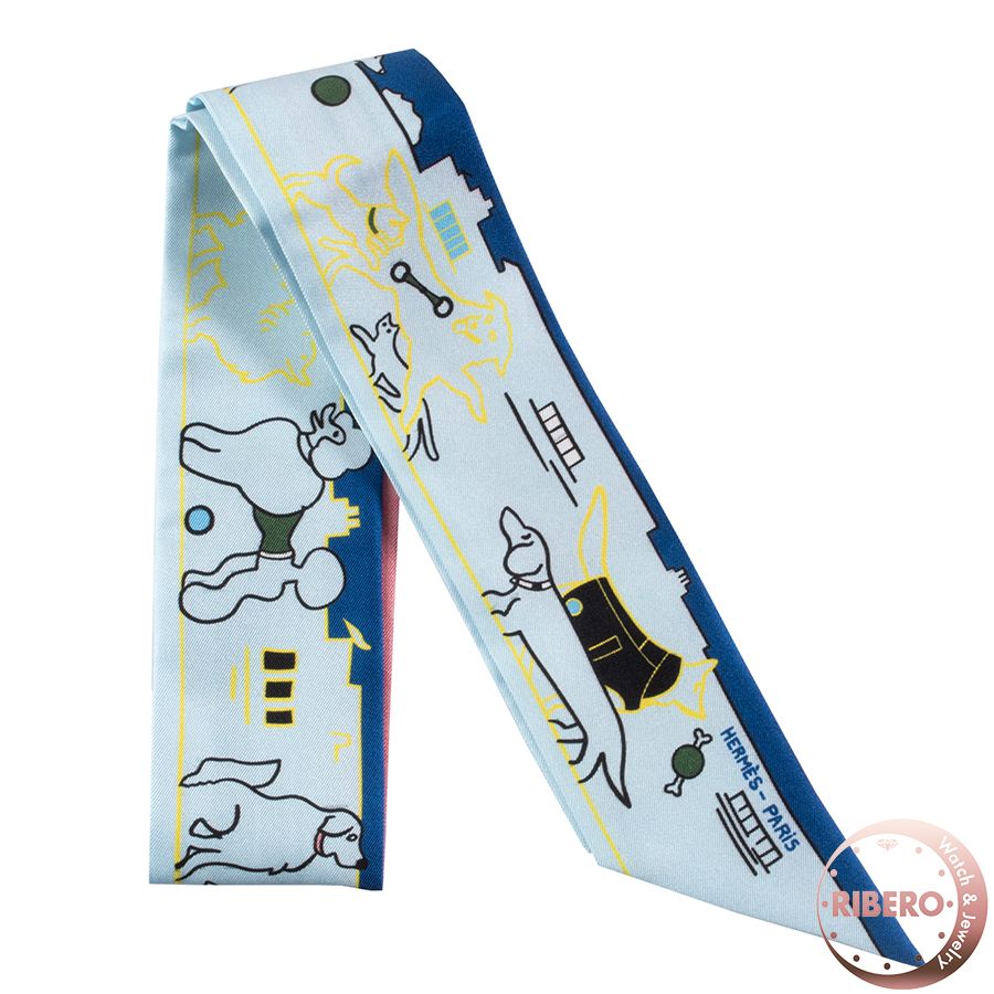 HERMES エルメス Les Chiens Parisiens パリジャンの犬 064116 S 05 ツイリー スカーフ 2025 SS ブルー イエロー