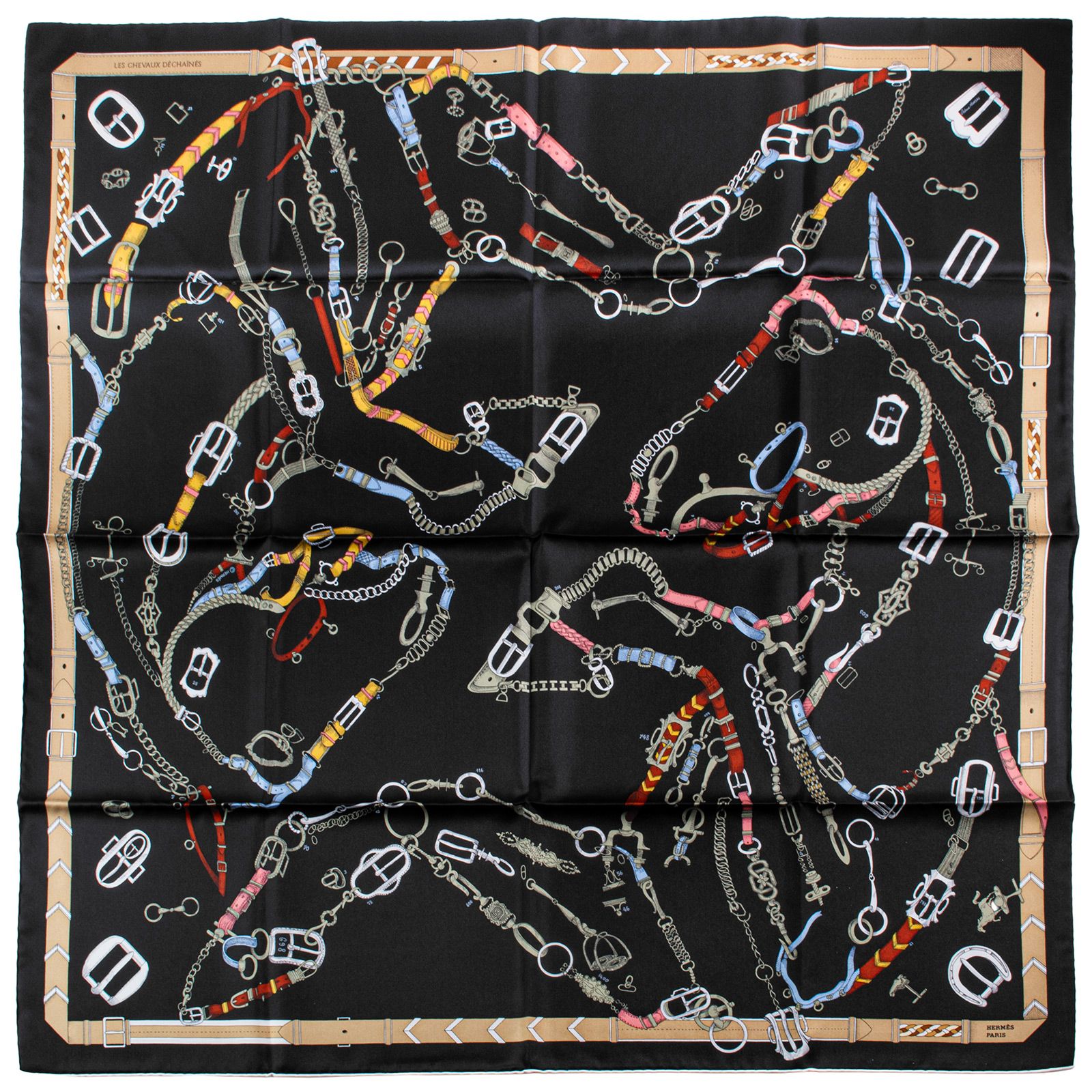HERMES エルメス カレ90 Les Chevaux Dechaines シュヴォー デシェネ 004096 S 07 スカーフ シルク ブラック マルチカラー ♥