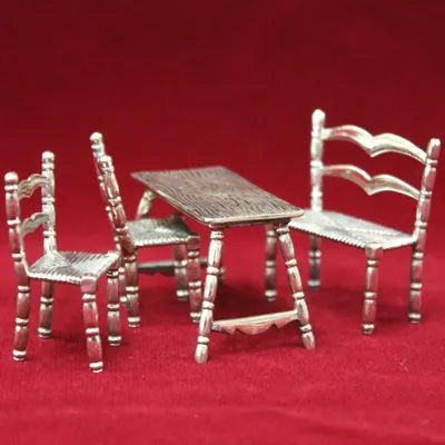 イタリア製 アンティーク 銀製ミニチュア カントリースタイル テーブルと椅子セット