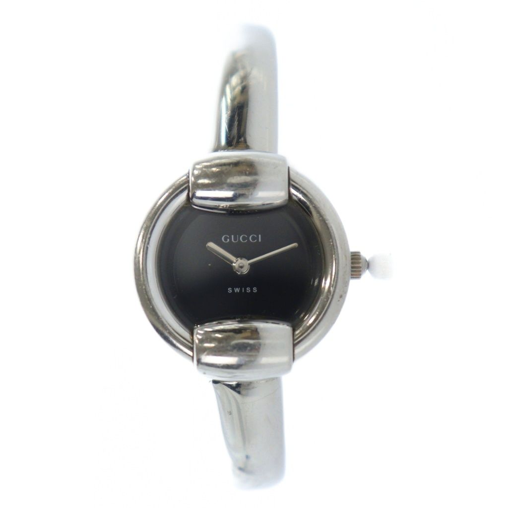 グッチ GUCCI 1400 L 腕時計 ウォッチ クォーツ 黒文字盤 ロゴ シルバー色 GY 18 MQ OH 柔らか素材 Tシャツ