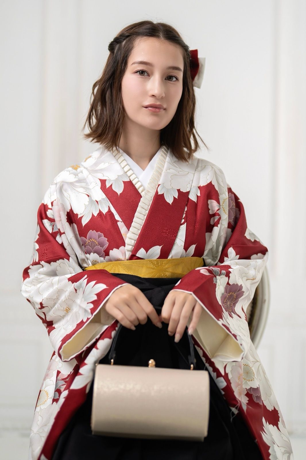 卒業式 二尺袖着物 赤 牡丹 モダン 袴