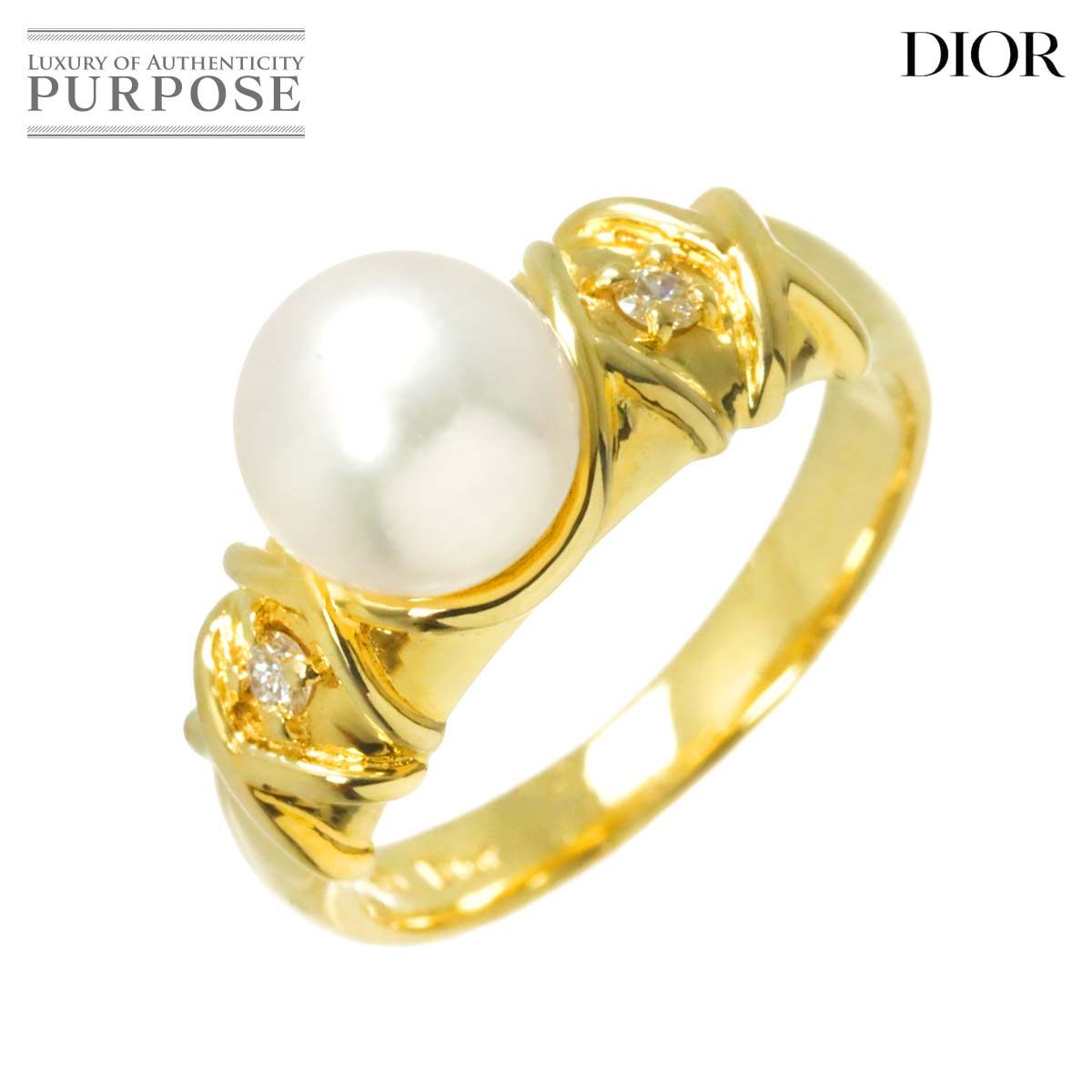 ディオール Dior リング 12号 アコヤ真珠 7.6mm ダイヤ K18 YG