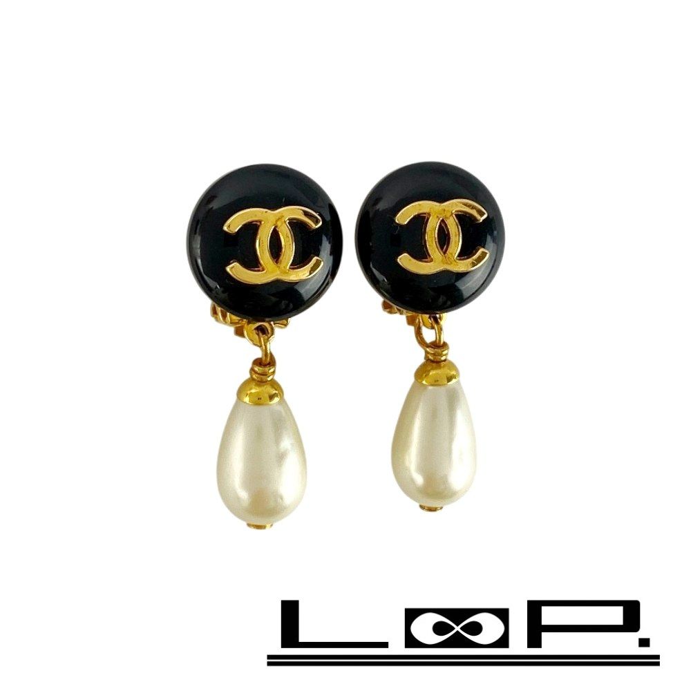 シャネル ココマーク フェイクパール イヤリング アクセサリー ブラック GP 96 P 箱 488368 12