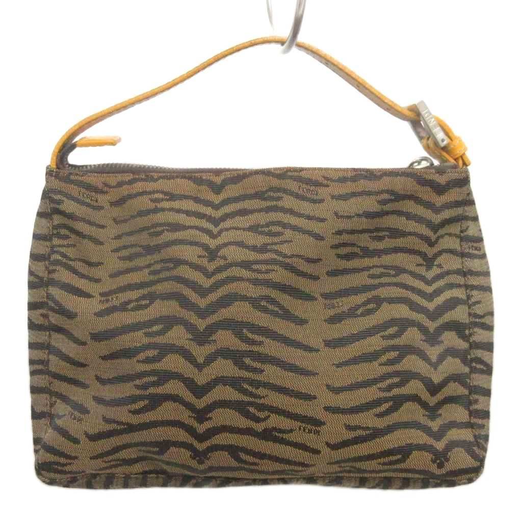 フェンディ FENDI ハンドバッグ キャンバス レザー 総柄 ゼブラ柄 茶 ブラウン 鞄