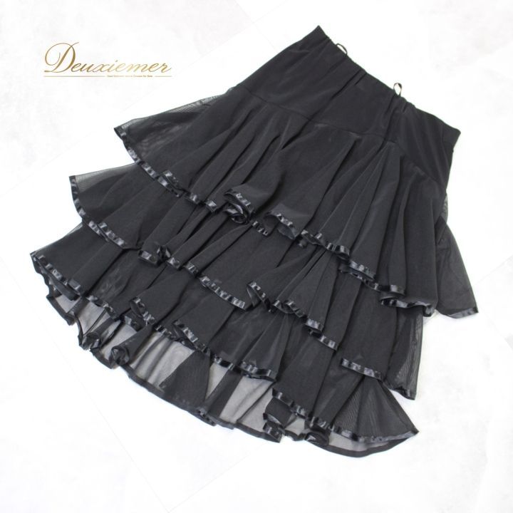 黒レースティアードスカート　　社交ダンスレッスンウェアー レース付き黒ティアードスカート 社交ダンス練習着等