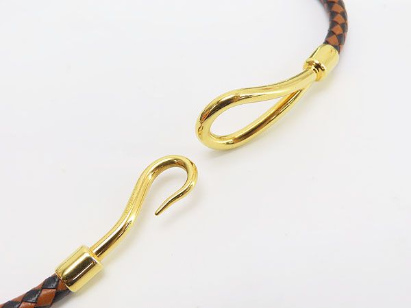 美品　HERMES エルメス　編み込み　レザー　チョーカー　2連ブレスレット　箱 HERMES Silver & Leather Choker ≒ Bracelet エルメス レザー