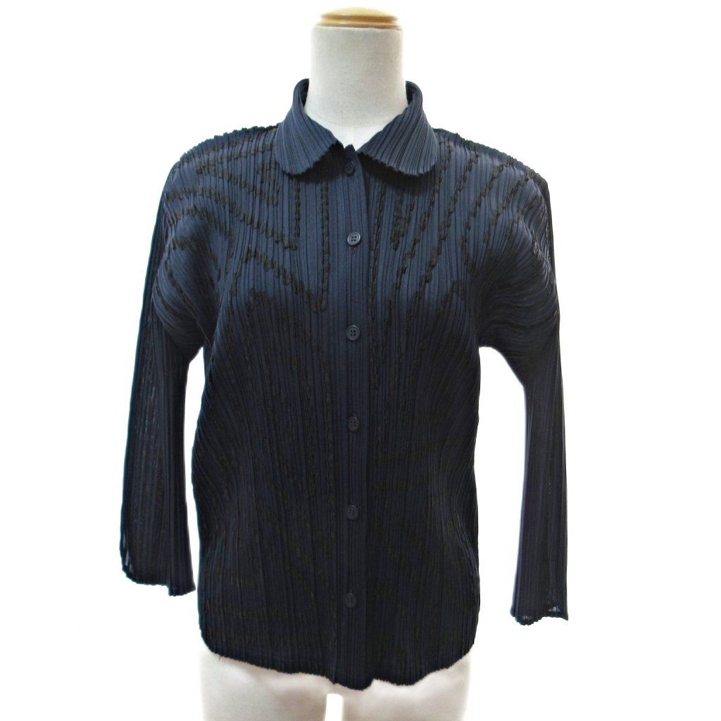 レア！！イッセイミヤケ　プリーツ　デザイン　長袖　 ネイビー プリーツプリーズ PLEATS PLEASE イッセイミヤケ テープデザイン