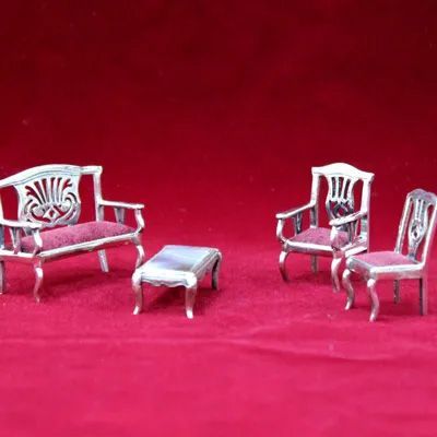 イタリア製 アンティーク 銀製ミニチュア黒蝶貝テーブルの応接セット