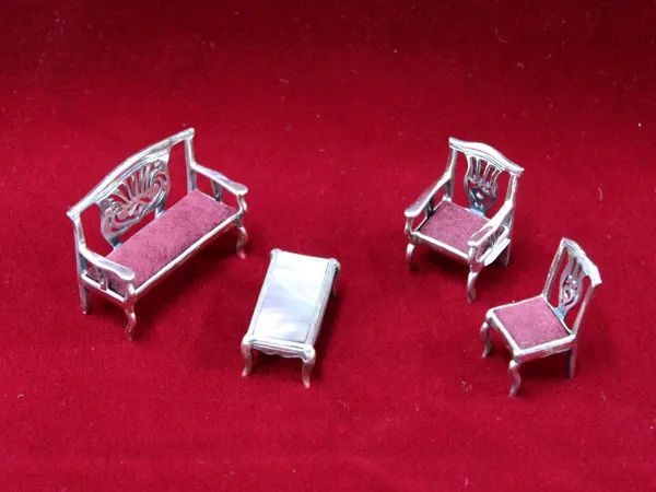 イタリア製 アンティーク 銀製ミニチュア黒蝶貝テーブルの応接セット