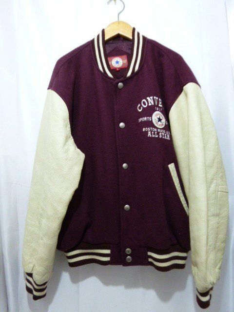 CONVERSE コンバース オールスター 袖レザー スタジアムジャンパー スタジャン ロゴ刺繍 サイズL 白 エンジ メンズ トップス