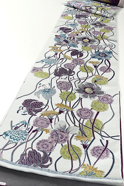 ona 4661 西陣 白綾苑大庭 九寸 名古屋帯 優花 白藍色 お仕立て付き ２～３週間で発送