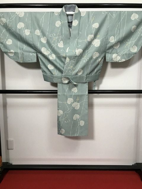 年末年始クーポン Fサイズ 二部式着物 化繊 小紋 青磁色地に葵模様