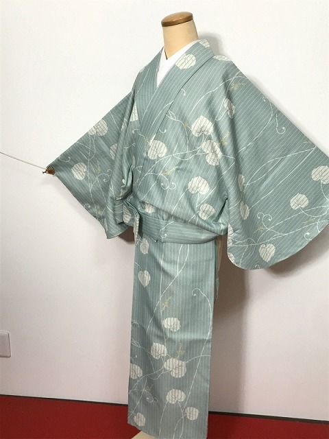 年末年始クーポン Fサイズ 二部式着物 化繊 小紋 青磁色地に葵模様