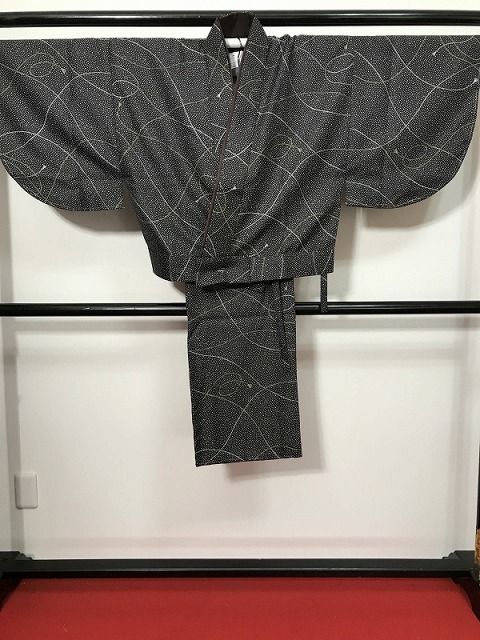 Fサイズ 二部式着物 化繊 小紋 こげ茶地に組紐模様